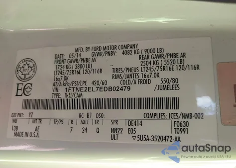 2014 Ford E-250 Commercial z USA, uszkodzony, nr VIN 1FTNE2EL7EDB02479